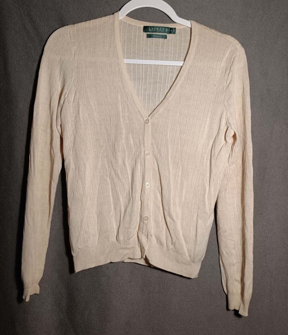 Lauren Ralph Lauren Medium 100% Silk Long Sleeve Ivory Button Front Cardigan
